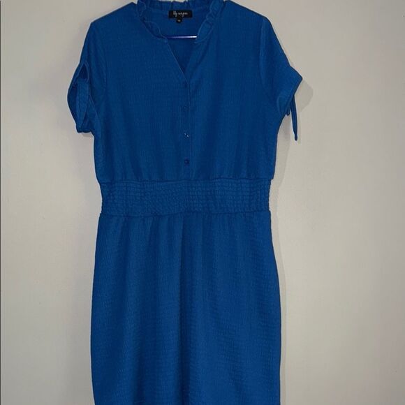 Blue Knee Length Dress with V-Neck and Short Sleeves - Picture 1 of 14